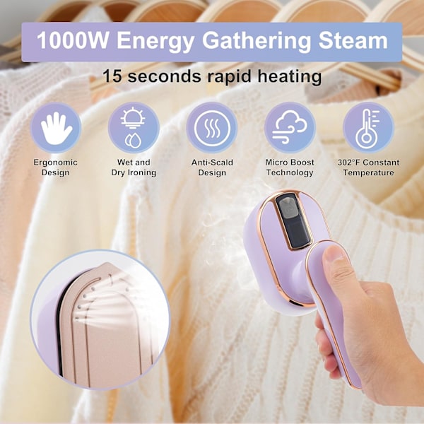 Ångstrykjärn för kläder, Resesteamer för kläder, 1000W Bärbar Handhållen Ångstrykjärn Stöd för Torrt och Vått Strykning 15s Snabb Uppvärmning