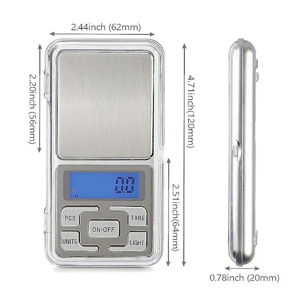 2 st digitalvåg, fickvåg, LED-bakgrundsbelyst display, 500 g-0,01 g för kök, smycken, te, kaffe (silver)