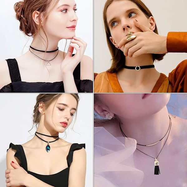 12 stk. choker-halskjede for kvinner, svart choker-halskjede sett med svart blonder tatovering fløyel chokers for kvinner og tenåringsjenter