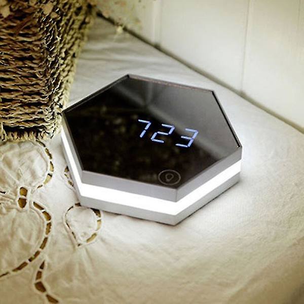 Multifunktionell nattlampa Steglös dimning Tid Temperaturdisplay Sminkspegel（Silver）