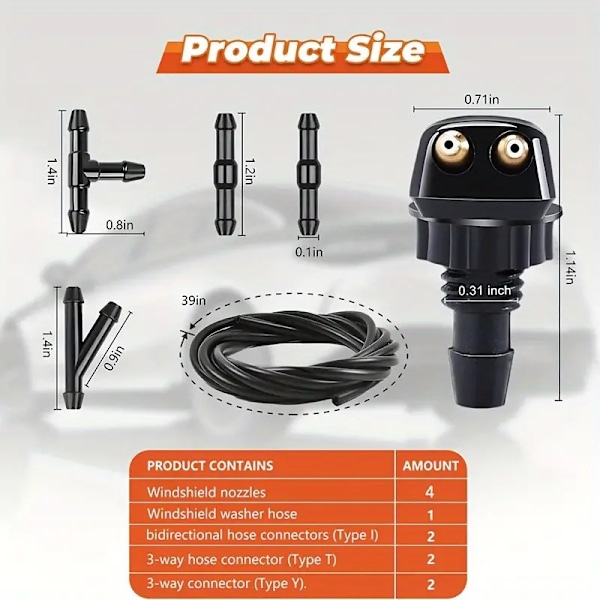 Universal vindusviskerdyse for bil - 78,74 tommers slange - 6 koblinger - 4 doble hull vann spray dyser