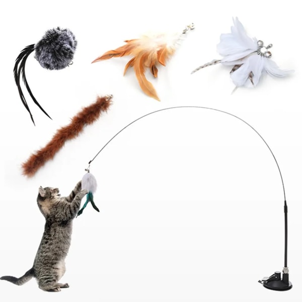 83 cm interaktiv kattleksak Egenföretagande med sugkopp, kattfiskespö med fjädrar (5 hängen)