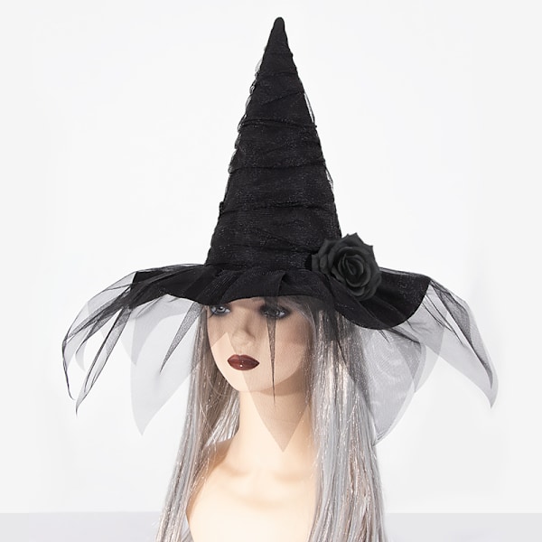 Halloween häxhatt, rynkad häxhattar för kvinnor med slöja och rosor trollkarlshattar Halloween kostymtillbehör