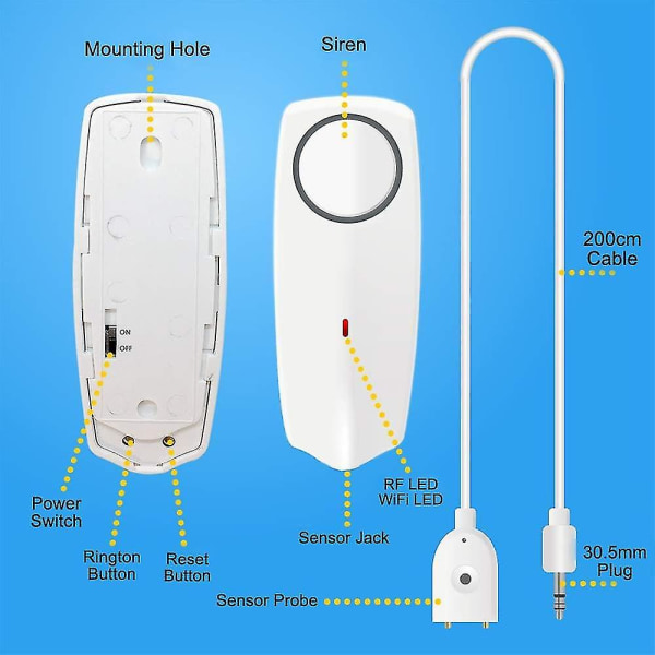 Vattenlarmsensor, WiFi vattenläckagedetektor, översvämningsläckagevarningar, fjärrövervakning