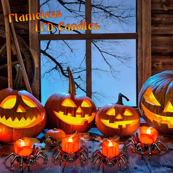6 stk. Halloween-telys med LED-lys, batteridrevne Halloween-flammeløse LED-lys, Halloween-edderkopp-telys med spøkelsesaktig elektrisk flimrende falske lys