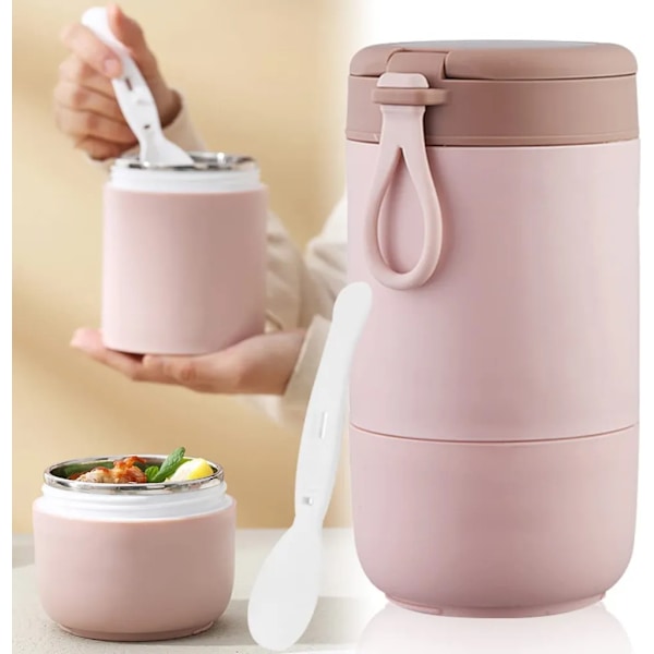 Müslikopp i rostfritt stål, 730 ml dubbelväggig müslikopp med sked, läckagesäker termosmatlåda (rosa)