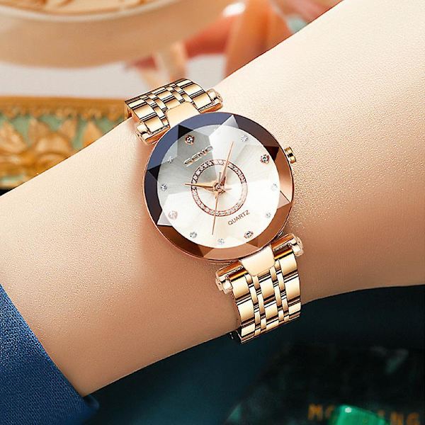 Ocean Heart Brand Stjernehimmel Diamant Overflade Lys Multi-Overflade Glas Solid Stålrem Dame Vandtæt Ur (Rose Gold Elegant Lilla Urskive)