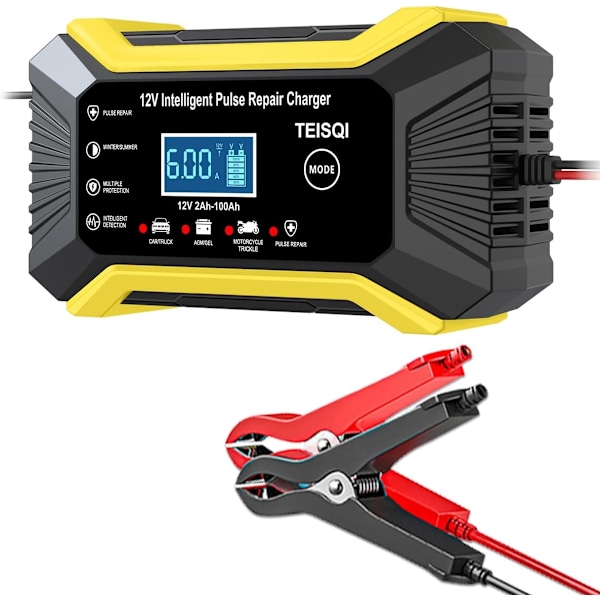 Bilbatterilader, 12V 6A Smart Batteri Trickle Lader Bil 12V Batteri Vedligeholdelses Desulfator (gul)