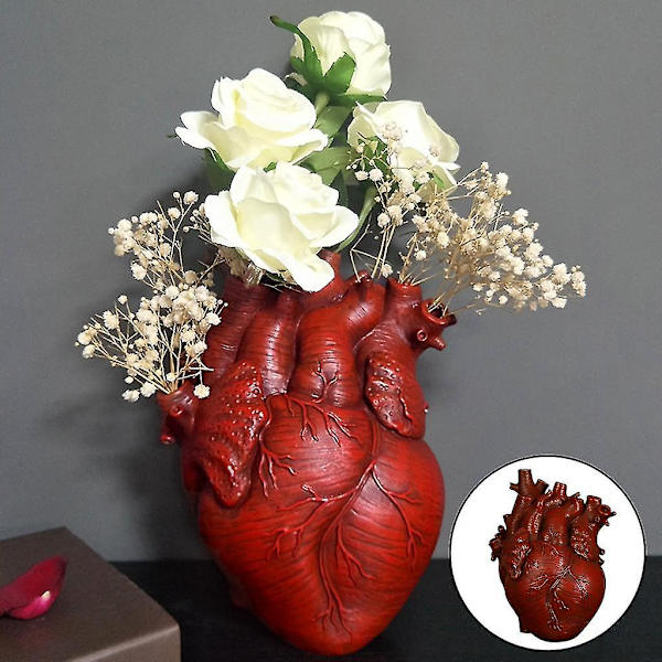 2xanatomisk hjärtvas Resin Staty Blomkruka Ornament Röd 13x9x17cm