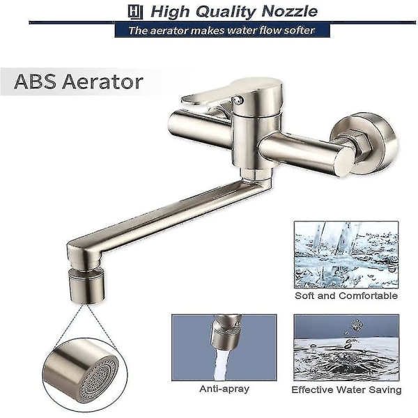 Vægmonteret køkkenhane med 2 dyser Vask blandingsbatteri 360 Drejeligt vægmonteret køkken Justerbar tud Rustfrit Stål 304