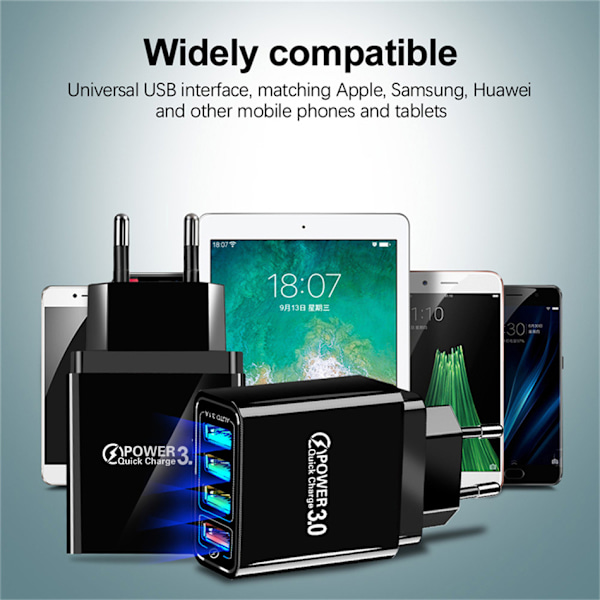 QC3.0 hurtiglading 4USB multi-port reiselader Ultra-hurtig lading, fungerer for alle smarttelefoner