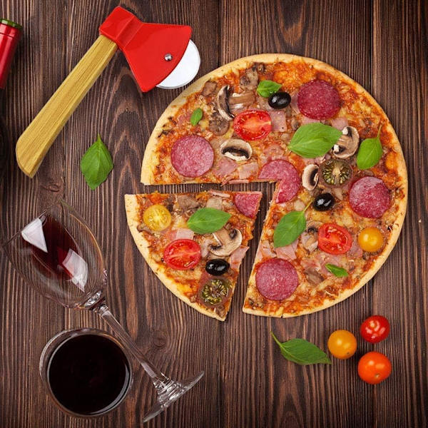 Ruostumattomasta teräksestä valmistettu pizzaleikkuri, pyöreä kirvespizzaleikkuri, kitchypizzaleikkurin pyörä, kädessä pidettävä ruoanleikkuri kotiin