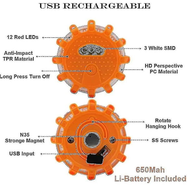 Kryp Usb Genopladeligt Led Road Flares Nødlys-vejkantsadvarsel Bilsikkerhedsbeacon Blinkende Disc Flare Kit med magnetisk base til køretøjer og biler