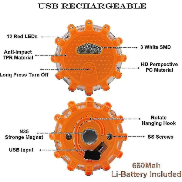 Kryp USB Uppladdningsbara LED-vägbloss Nödljus vid vägkantsvarning Bilsäkerhetsljus Blinkande skiva Flare Kit med magnetisk bas för fordon och fordon