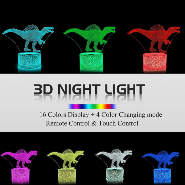 Dinosaur 3D nattlys, Spinosaurus illusjon LED nattbordslampe 16 farger fjernkontroll