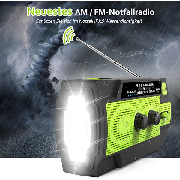 Solcelledrevet radio, nød AM/FM-radio oppladbar dynamo 4000 mAh radio med kraftig lommelykt, bevegelsessensor leselys, SOS-alarm for nødstilfeller