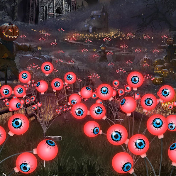 Häikäisevät Halloween-koristeet ulkona, 2 pakkausta 10 LED:n aurinkosilmäpolkuvaloa, pelottavat vedenpitävät aurinkokäyttöiset vihreät tulikärpäset puutarhanurmelle