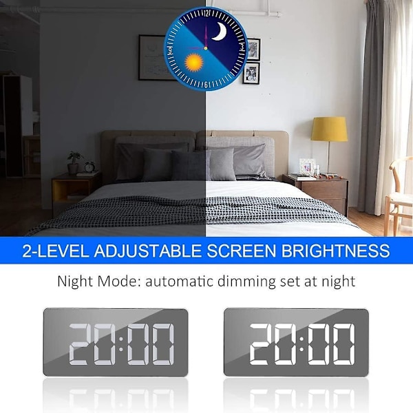 Digital spejlalarm, led sengeur med temperatur, justerbar lysstyrke-ur-sort