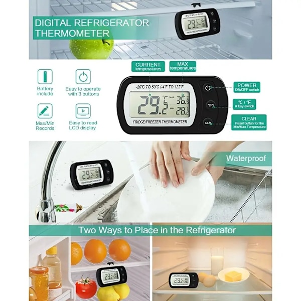 Køleskabs termometer, digitalt fryser termometer, vandtæt maks./min. registreringsfunktion med stort LCD-display