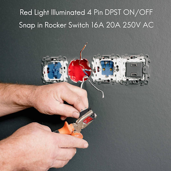 Rødt lys oplyst 4-benet DPST ON/OFF Snap-in-vippekontakt 16A 20A 250V AC（rød sort）