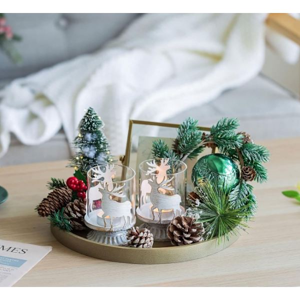 Julelysstake sett med 2 reinsdyr lanterne lysestaker