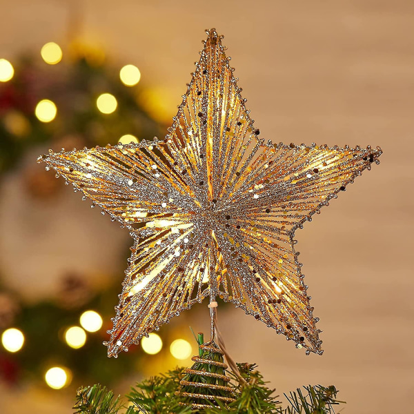 Christmas Star Tree Topper, Plug In 3d Star Tree Topper, 11 gyllene glittrig metall ihålig designad inbyggd