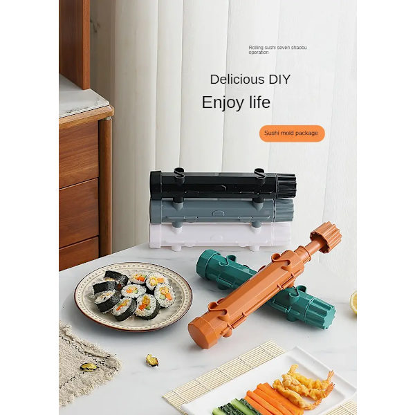 Sushi Bazooka, matsett for mat av sushi i PP av matkvalitet, sushirull for nybegynnere, profesjonelt sett for rulling av sushi med ris, grønnsaker og kjøtt