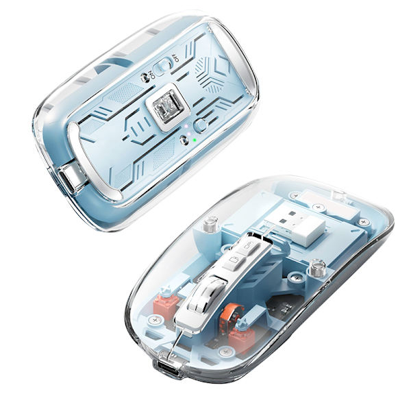 Uppladdningsbar transparent trådlös mus BT5.1/2.4G Bluetooth-mus tyst mus 4 justerbar DPI, mindre brus mobil optisk möss för bärbar dator, PC
