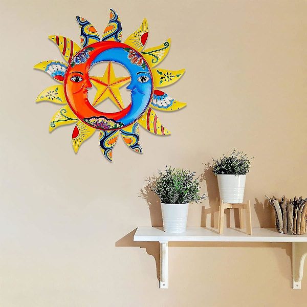 Aurinko ja kuu -seinätaide Metalliseinäkoriste Seinäteline Metalli Aurinkopuutarhan seinäkoristelu, Ruosteenestometalliveistos ulkokotiin (36*36cm)