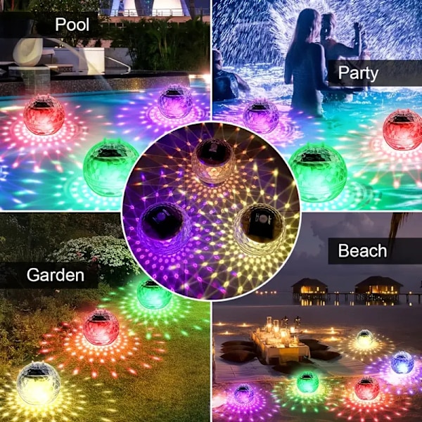 Paket med solcellslampor för pool, LED, automatisk uppljusning på natten, färgglad dimning, trädgårdshängande projektionslampor