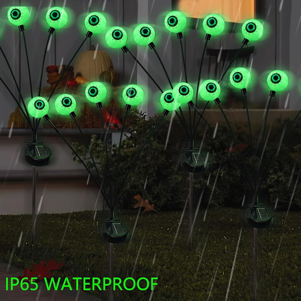 Häikäisevät Halloween-koristeet ulkona, 2 pakkausta 10 LED:n aurinkosilmäpolkuvaloa, pelottavat vedenpitävät aurinkokäyttöiset vihreät tulikärpäset puutarhanurmelle