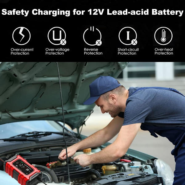 Bilbatterilader 12V, 6 Amp Automatisk Smartlader, Vedligeholdelseslader og -opretholder, Bilbatteri Reparation og Desulfator