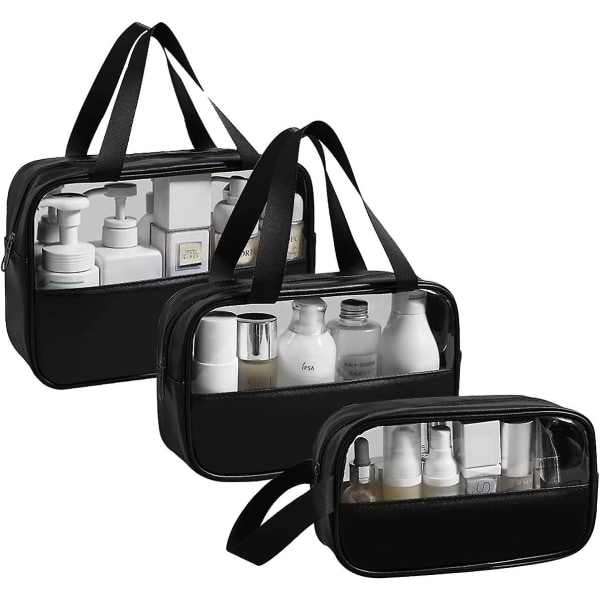 3-delt gennemsigtig toilettaske, vandtæt PVC toilettaske til kvinder, let kosmetisk taske til rejsesæt (sort)