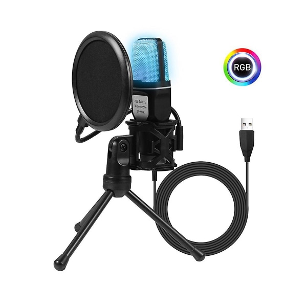 Sf666r Usb-mikrofon Rgb-kondensator-mikrofon-gamingmikrofon til streaming af podcast-optagestudie（Sort）