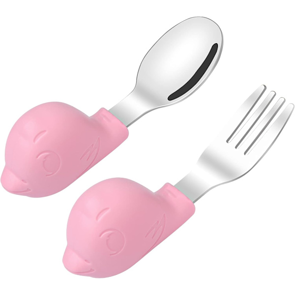 Baby Gaffel og Skje Sett, Rustfritt Stål Bestikksett med Tegneserie Design, Selvfôring Læringsredskaper, Baby Bestikk for Baby, Småbarn, Barn