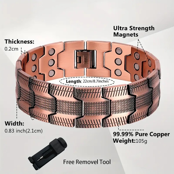 Kobberarmbånd for menn, ultrasterke magnetiske armbånd for leddgikt og leddsmertelindring, 99,99 % rent kobber, justerbart