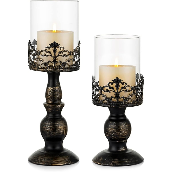 2st Vintage Distressed Black Hurricane Ljusstake Ljusstake, Mångsidig Metal Piedestal Glas Piedestal Base För Bröllopsfest Dekoration Öppen spis D