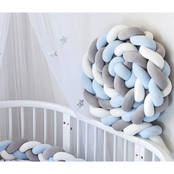 Säng orm flätad sängkant, baby säng boet stötfångare dekoration, sängrulle för spjälsäng spjälsäng 200CM vit + grå + blå