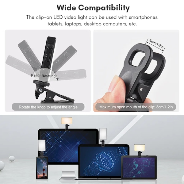 Lommelykt med klips for LED-video, datamaskin, nettbrett, mobiltelefon, videokonferanselys, 2500K-9000K, dimbar, innebygd batteri for nettmøter, selfie