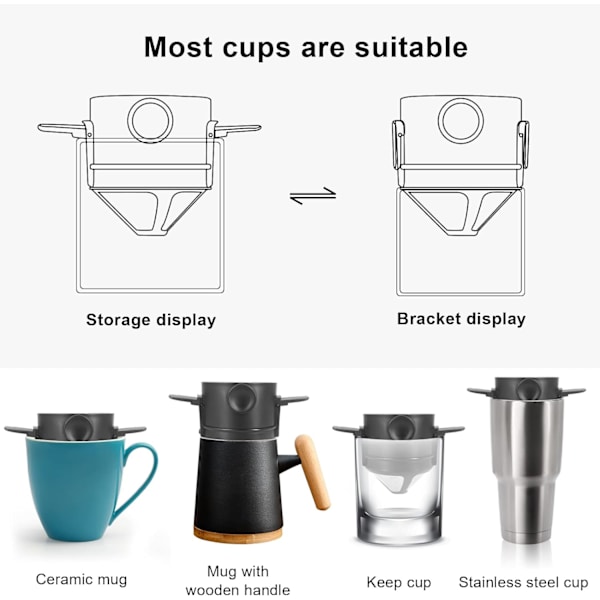Sammenklappelig bærbar håndbrygget kaffefilter, kaffedrypkegle, til drypkaffe og te med rustfrit stålholder, ingen filterpapir