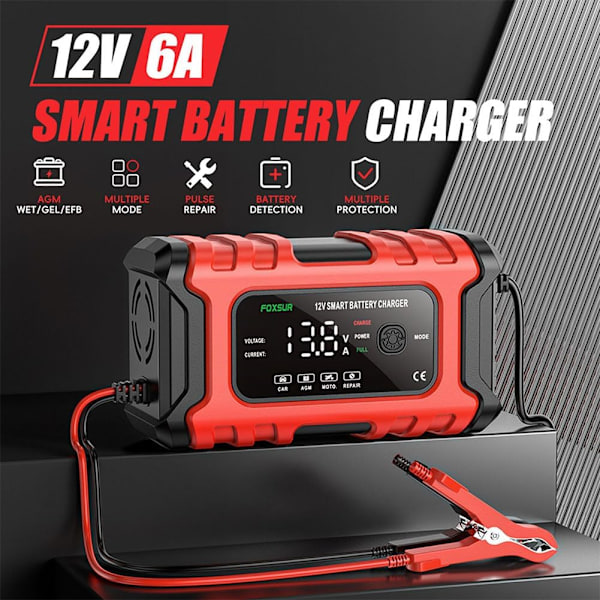 Bilbatterilader 12V, 6 Amp Automatisk Smartlader, Vedligeholdelseslader og -opretholder, Bilbatteri Reparation og Desulfator