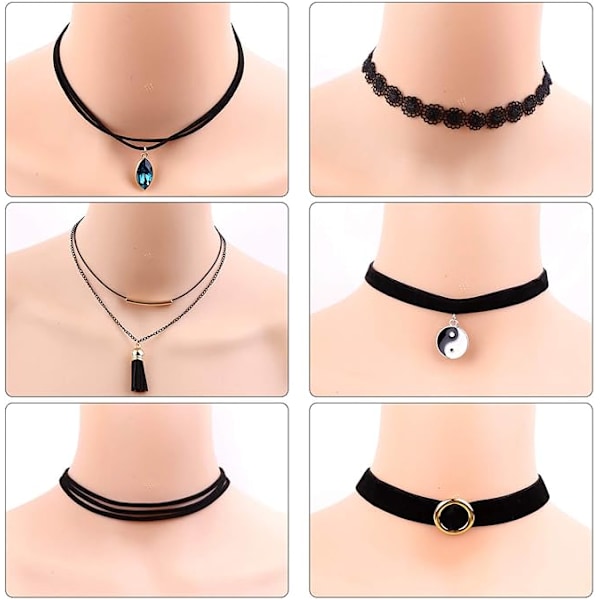 12 stk. choker-halskjede for kvinner, svart choker-halskjede sett med svart blonder tatovering fløyel chokers for kvinner og tenåringsjenter