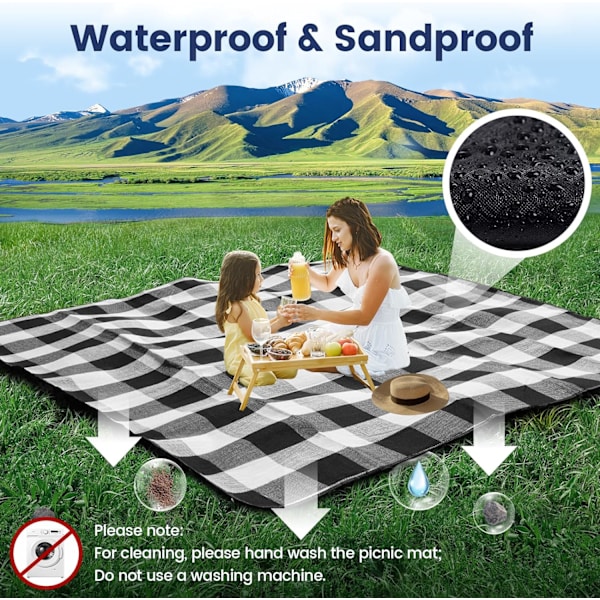 Det vandtætte udendørs picnictæppe med akrylgitter, 200CM200CM Vaskbart, foldbart campingpicnictæppe med rem - Sort Grå Hvid Ternet