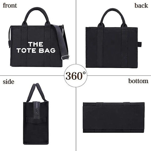 Dam Canvas Tote Bag med Dragkedja, Canvas Axelväska för Kontor och Resor, Svart