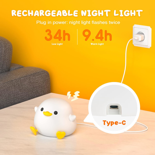 LED sød bønneand natlys, DoDo and natlys i silikone til børneværelset, genopladelig bordlampe, sengebordslampe med berøringssensor til soveværelser, stue
