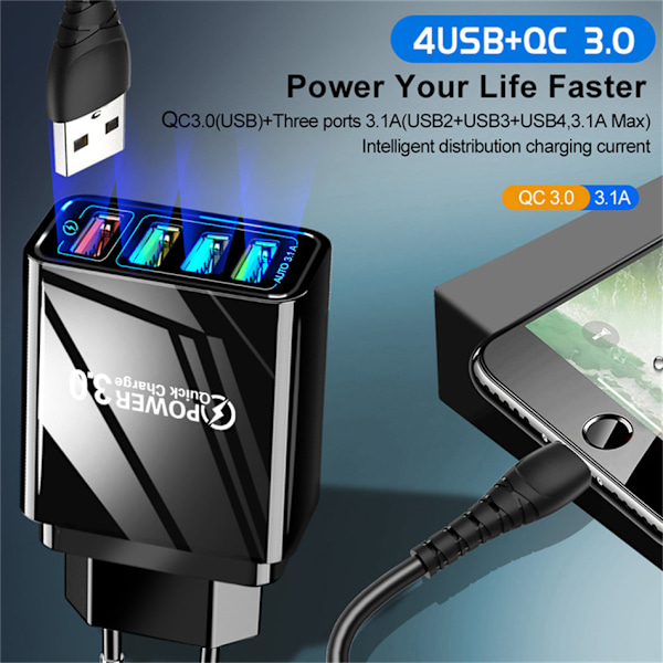 QC3.0 hurtiglading 4USB multi-port reiselader Ultra-hurtig lading, fungerer for alle smarttelefoner