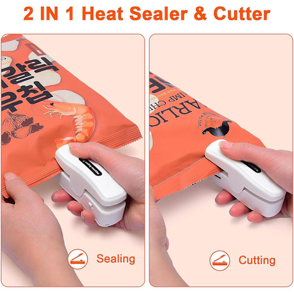 Oppladbar Mini Bag Sealer, 2 i 1 Bag Varmesealer med Kutter, Bærbar Håndholdt Mini Bag Forseglingsmaskin