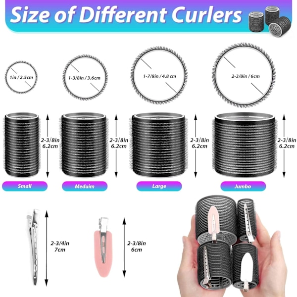 Ruller for hårkrøller 48 deler sett med 24 deler hårruller 4 størrelser (6 jumbo ruller/6 store ruller/6 mellomstore ruller/6 små ruller) og 24 hårklips