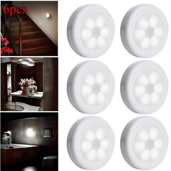 6-pack 6 LED-nattlampa med rörelsesensor, automatisk på/av för hall/kök/sovrum/trappor/garderob (vit, vitt ljus)