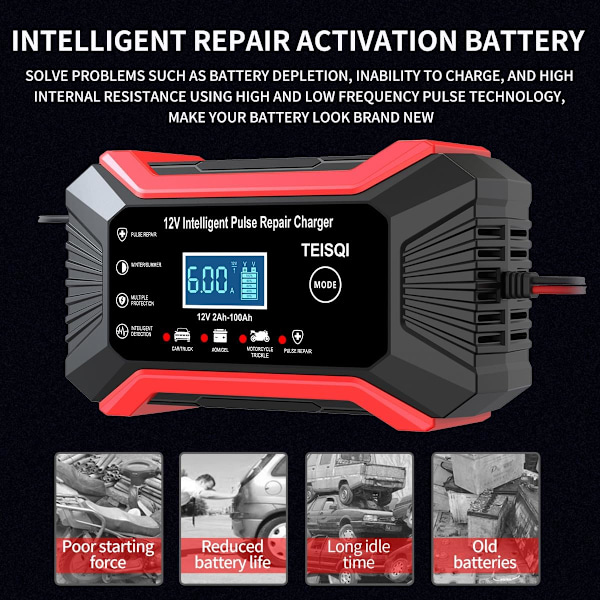 Bilbatterilader, 12V 6A Smart Batterilader Drypplading Bil 12V Batteri Vedlikeholder Desulfator (rød)